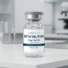 Research peptide vial, 10mg/3ml, on a laboratory bench