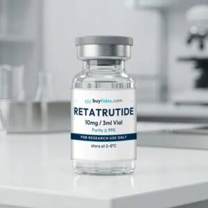 Research peptide vial, 10mg/3ml, on a laboratory bench