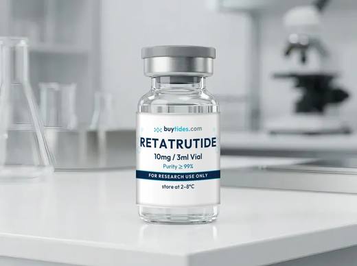 Research peptide vial, 10mg/3ml, on a laboratory bench